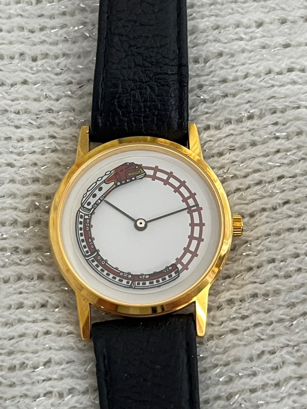 Railroad Train Classic Gold Case Black Leather Watch - Unbranded